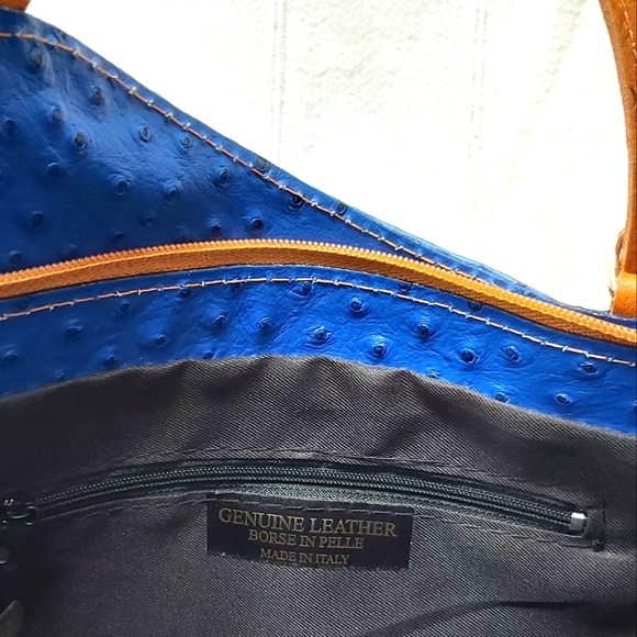 Borse in Pelle Italian Ostrich Leather Tote/Backpack Royal Blue and Tan - Picture 13 of 14